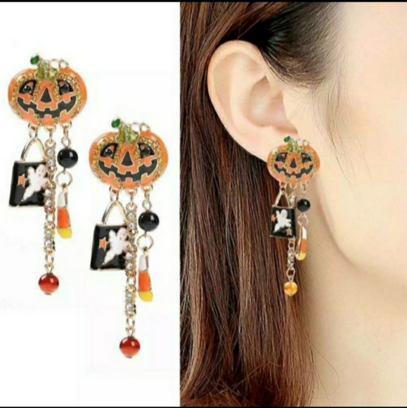 Orange Jack-o-lantern Halloween Candy Rhinestone Dangle Drop Stud Earrings - Picture 8 of 11